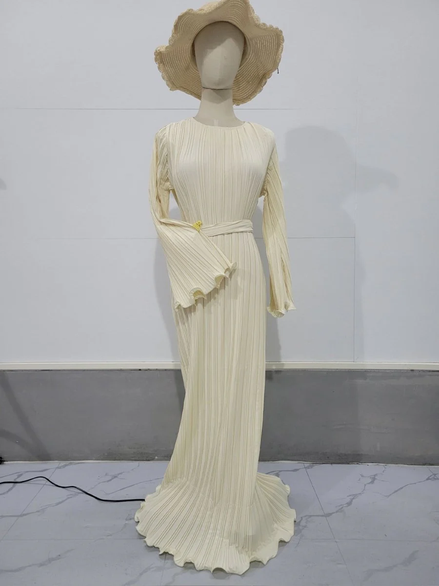 Autumn New Pleated Flared Sleeve Wedding Guest  Dress Abaya with Belt(MA193) - Image 26