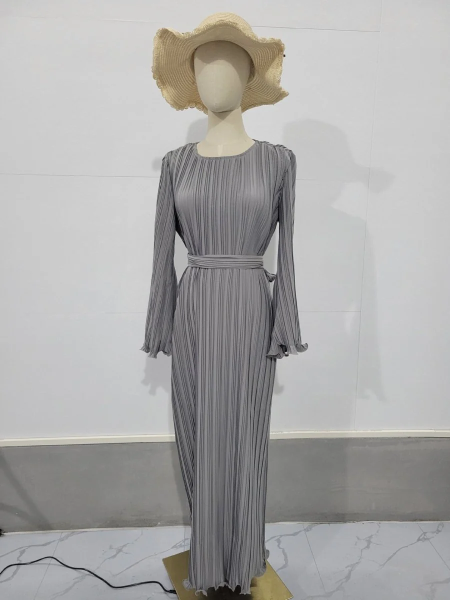 Autumn New Pleated Flared Sleeve Wedding Guest  Dress Abaya with Belt(MA193) - Image 27