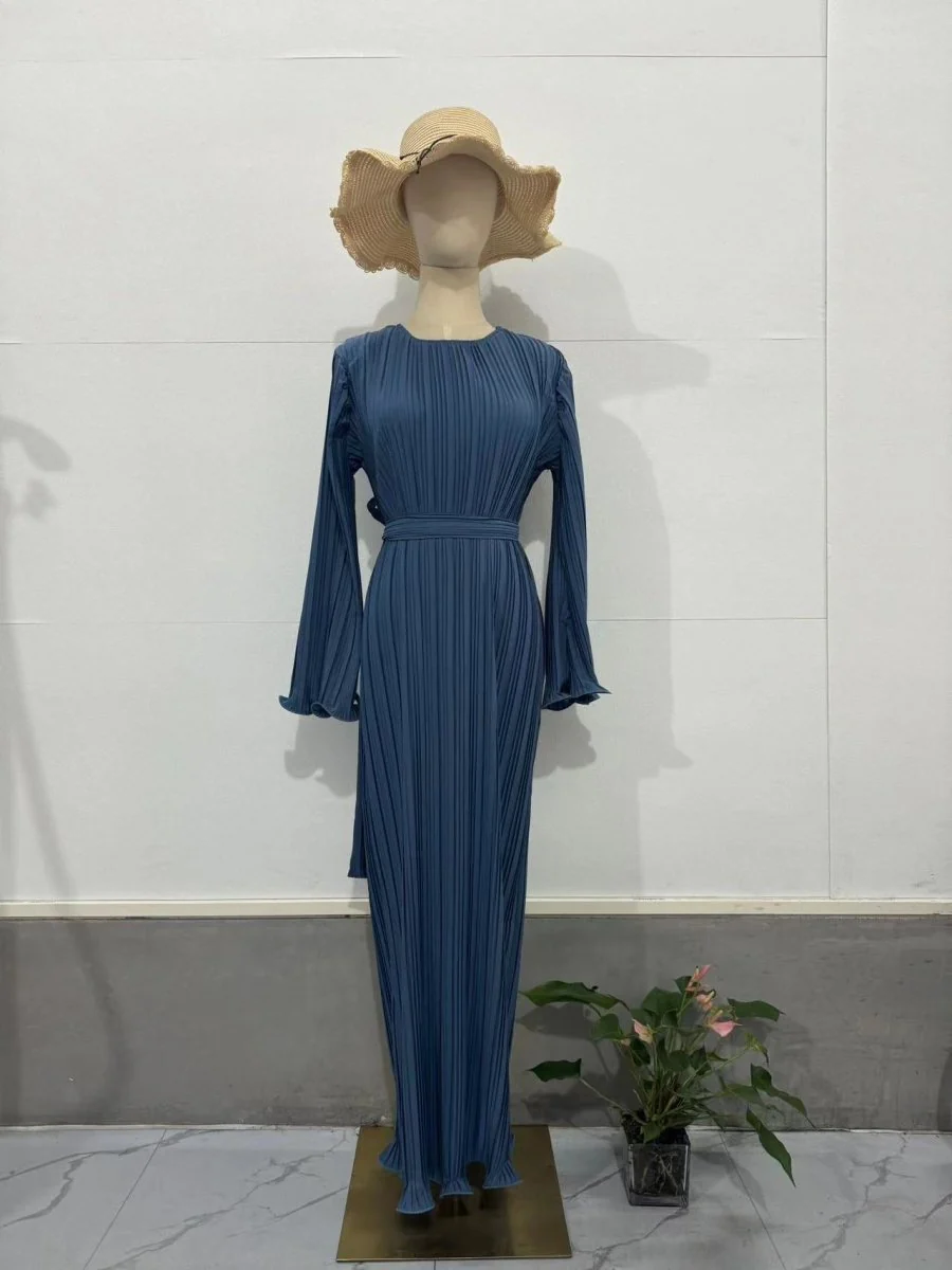 Autumn New Pleated Flared Sleeve Wedding Guest  Dress Abaya with Belt(MA193) - Image 29