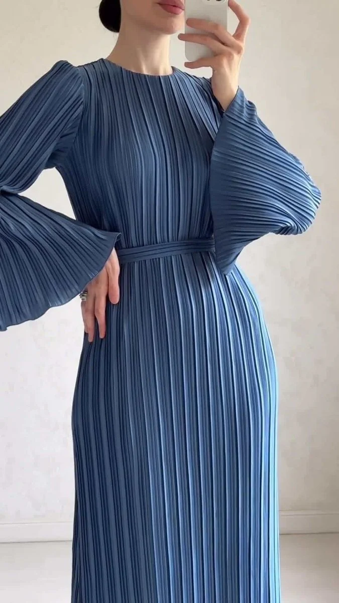 Autumn New Pleated Flared Sleeve Wedding Guest  Dress Abaya with Belt(MA193) - Image 3