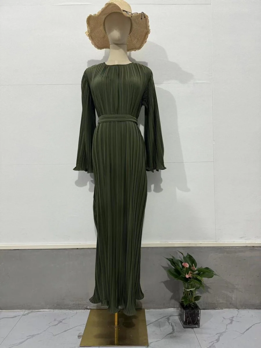 Autumn New Pleated Flared Sleeve Wedding Guest  Dress Abaya with Belt(MA193) - Image 30