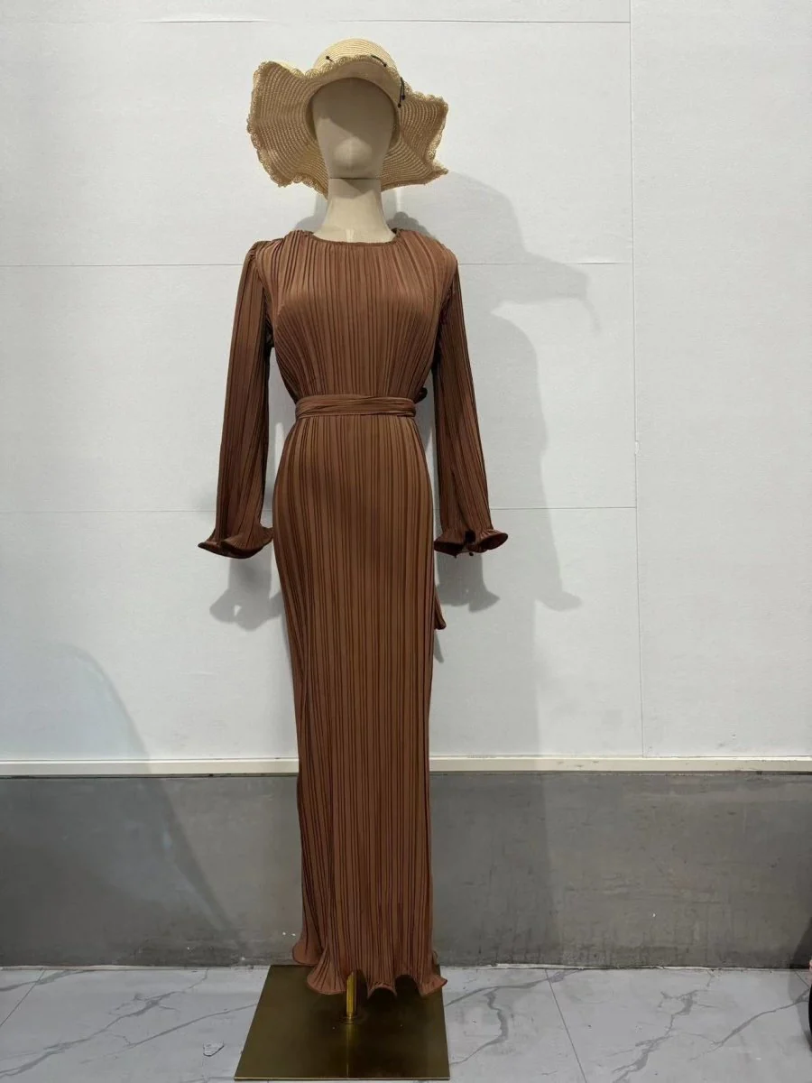 Autumn New Pleated Flared Sleeve Wedding Guest  Dress Abaya with Belt(MA193) - Image 31