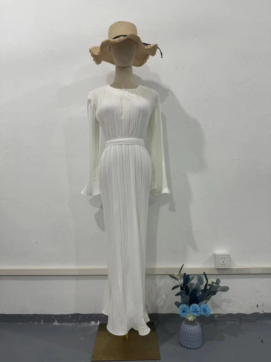 Autumn New Pleated Flared Sleeve Wedding Guest  Dress Abaya with Belt(MA193) - Image 32
