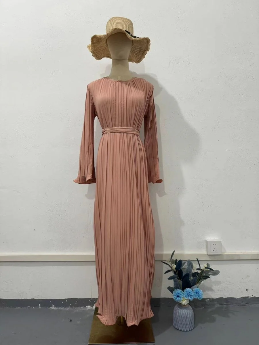 Autumn New Pleated Flared Sleeve Wedding Guest  Dress Abaya with Belt(MA193) - Image 33