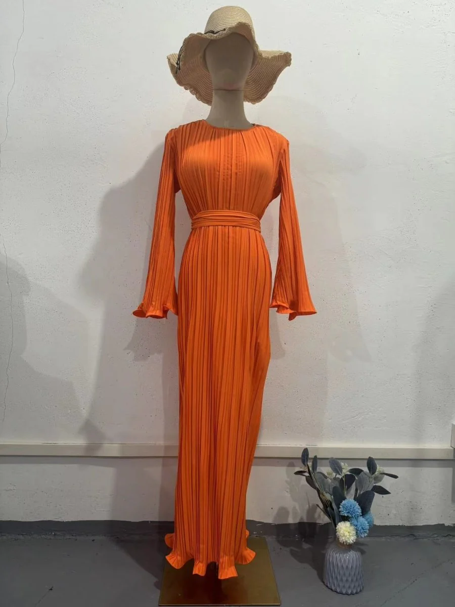Autumn New Pleated Flared Sleeve Wedding Guest  Dress Abaya with Belt(MA193) - Image 34