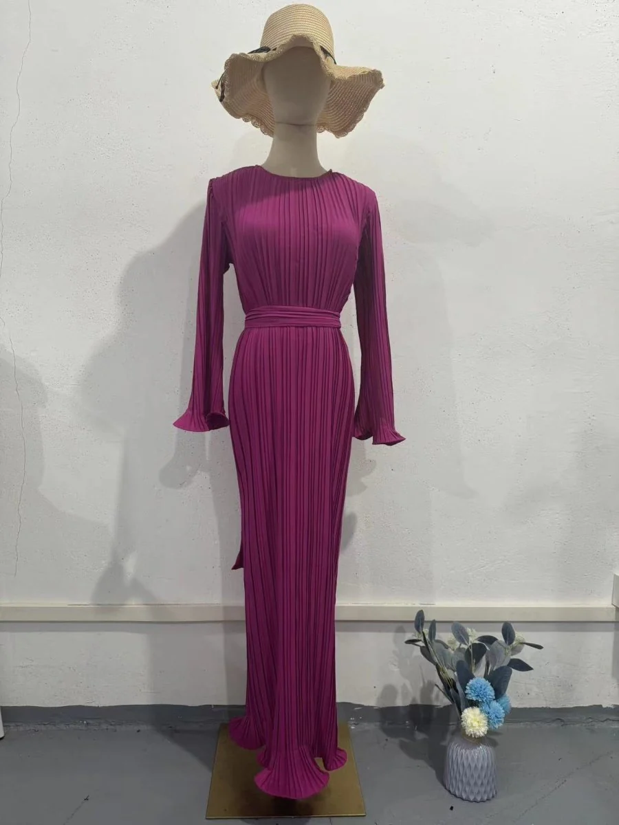 Autumn New Pleated Flared Sleeve Wedding Guest  Dress Abaya with Belt(MA193) - Image 35