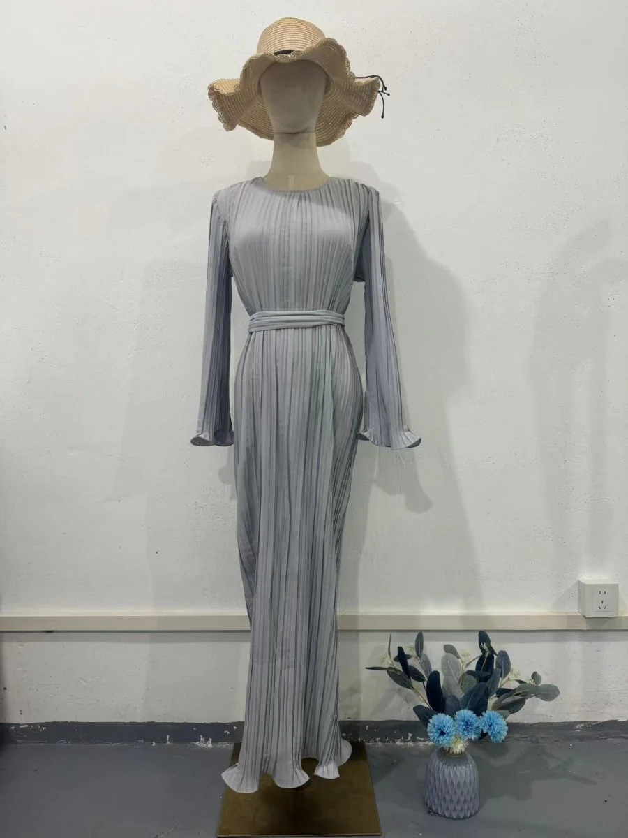 Autumn New Pleated Flared Sleeve Wedding Guest  Dress Abaya with Belt(MA193) - Image 36