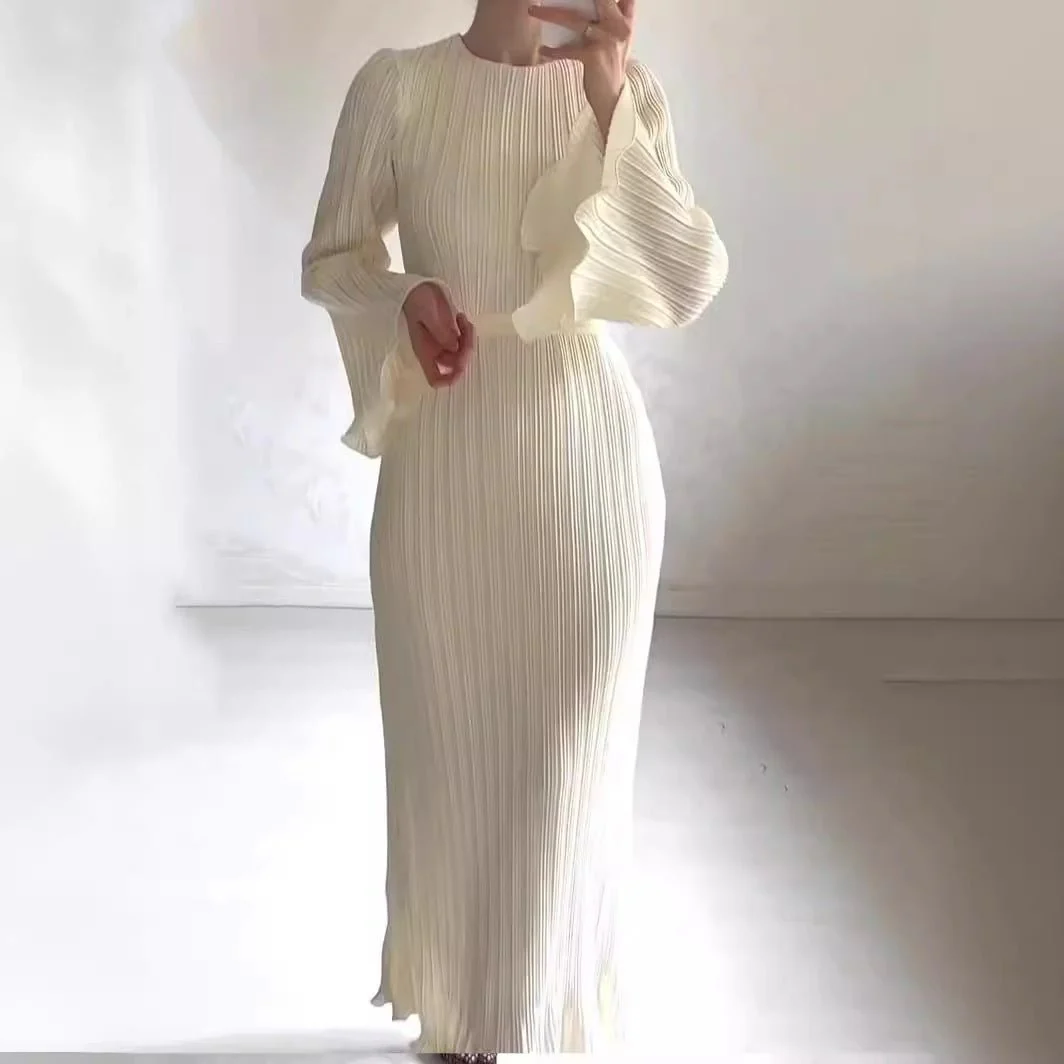Autumn New Pleated Flared Sleeve Wedding Guest  Dress Abaya with Belt(MA193) - Image 4