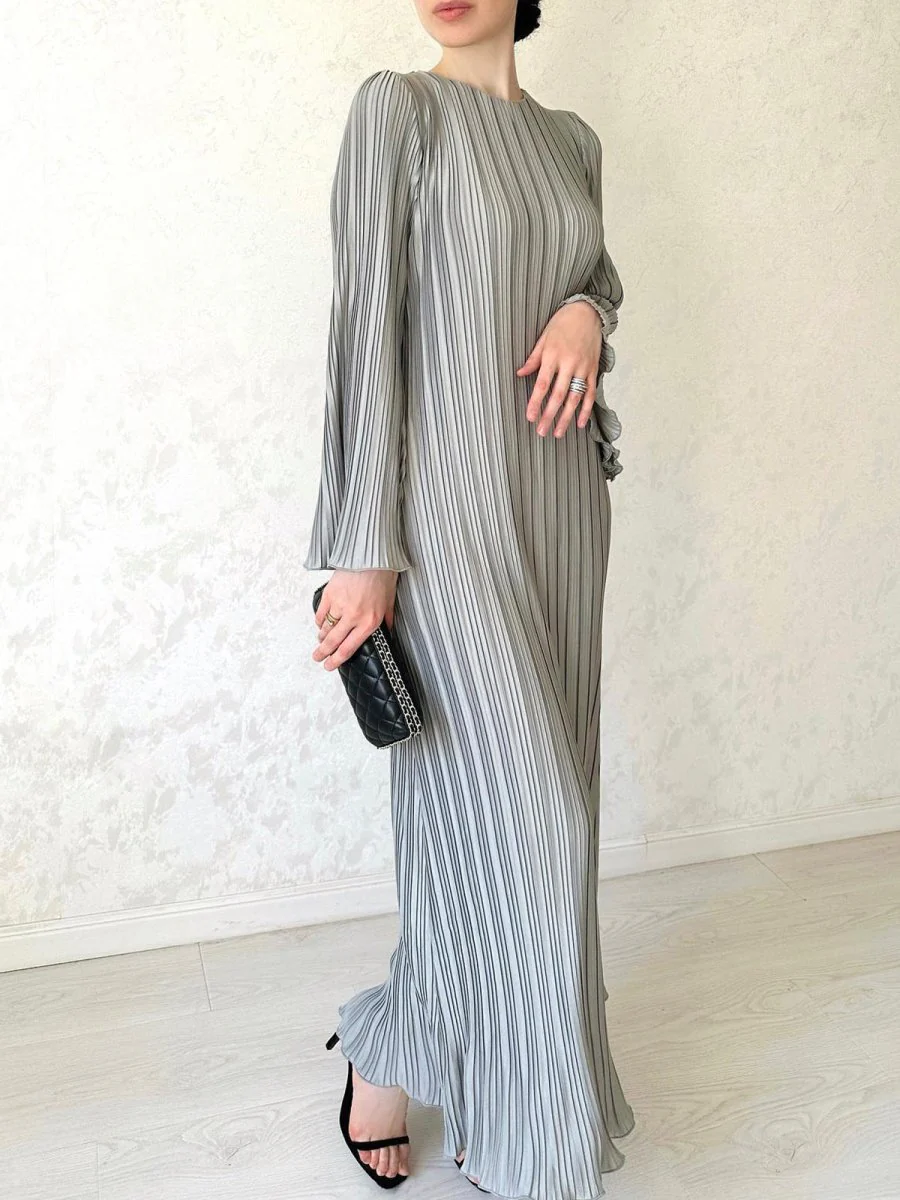 Autumn New Pleated Flared Sleeve Wedding Guest  Dress Abaya with Belt(MA193) - Image 8
