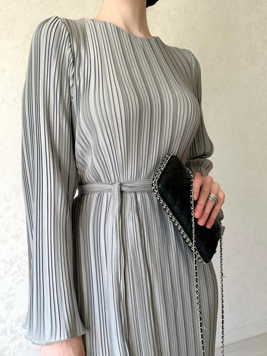 Autumn New Pleated Flared Sleeve Wedding Guest  Dress Abaya with Belt(MA193) - Image 9
