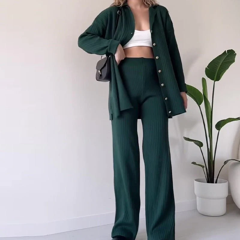 Autumn Winter Knit Two-Piece Set | Button-Up Collar Top & Elastic Waist Pants(MS125) - Image 10
