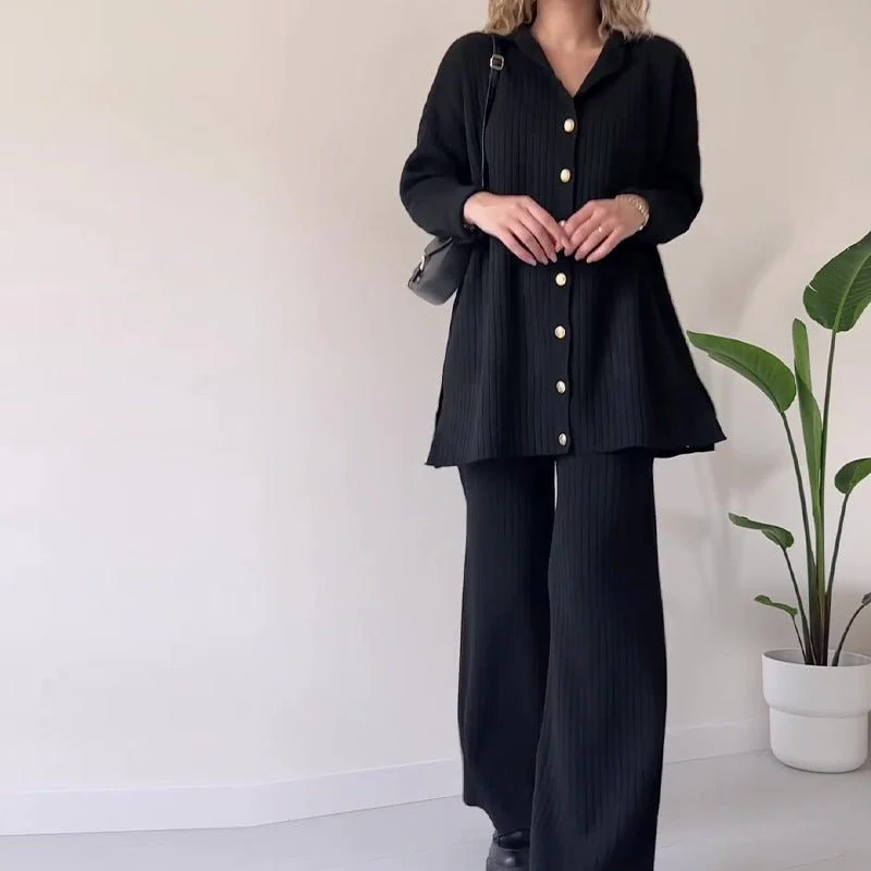 Autumn Winter Knit Two-Piece Set | Button-Up Collar Top & Elastic Waist Pants(MS125) - Image 12