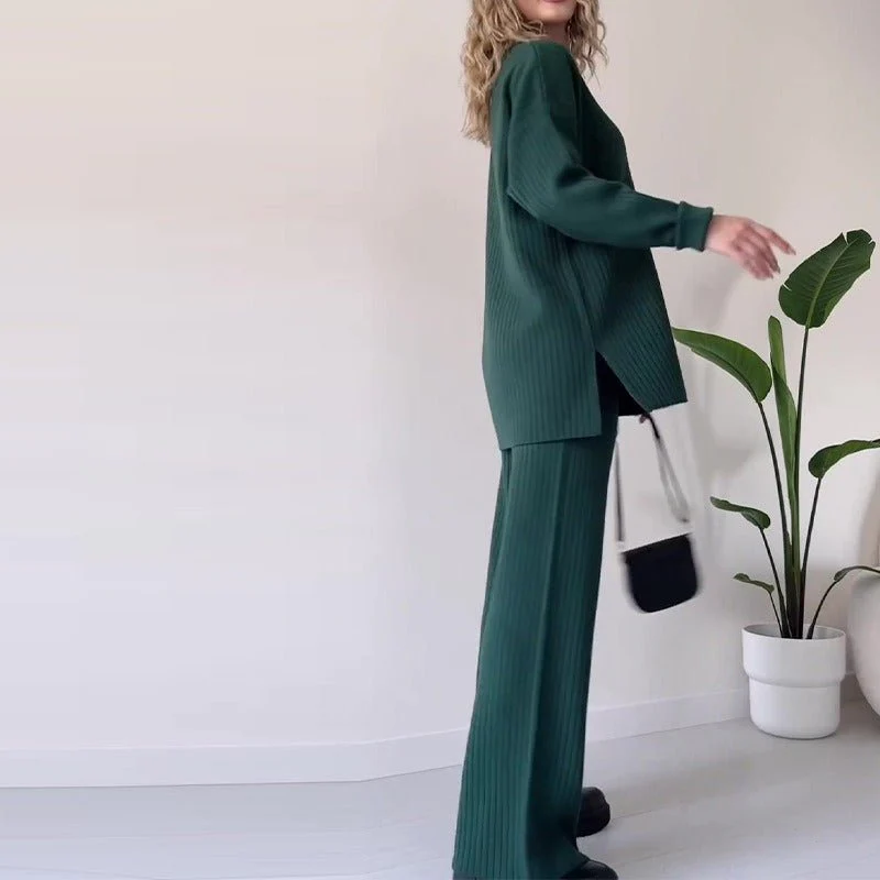 Autumn Winter Knit Two-Piece Set | Button-Up Collar Top & Elastic Waist Pants(MS125) - Image 2