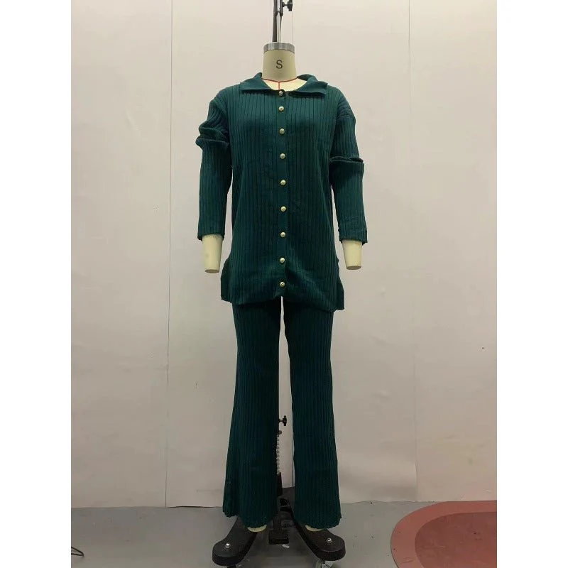Autumn Winter Knit Two-Piece Set | Button-Up Collar Top & Elastic Waist Pants(MS125) - Image 3