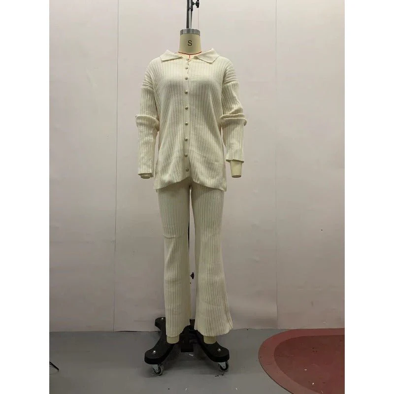 Autumn Winter Knit Two-Piece Set | Button-Up Collar Top & Elastic Waist Pants(MS125) - Image 5