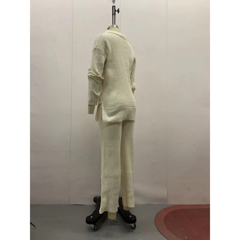 Autumn Winter Knit Two-Piece Set | Button-Up Collar Top & Elastic Waist Pants(MS125) - Image 6