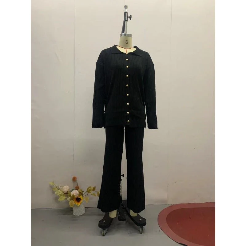 Autumn Winter Knit Two-Piece Set | Button-Up Collar Top & Elastic Waist Pants(MS125) - Image 8