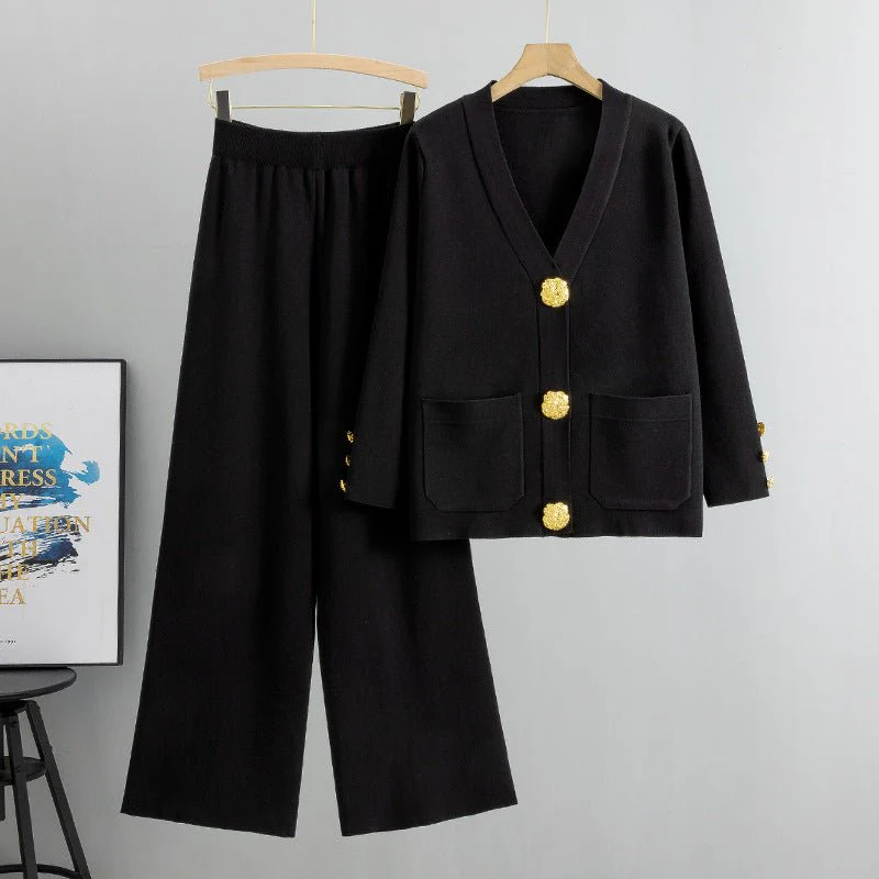 Autumn-Winter Knit V-Neck Gold Button Cardigan Two-Piece Set (MS089) - Image 18
