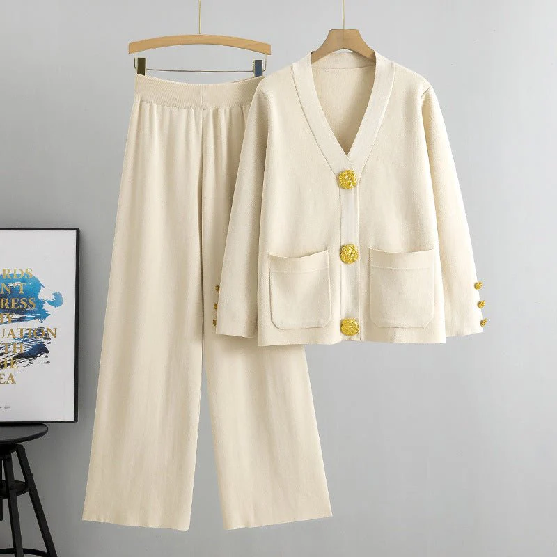 Autumn-Winter Knit V-Neck Gold Button Cardigan Two-Piece Set (MS089) - Image 20