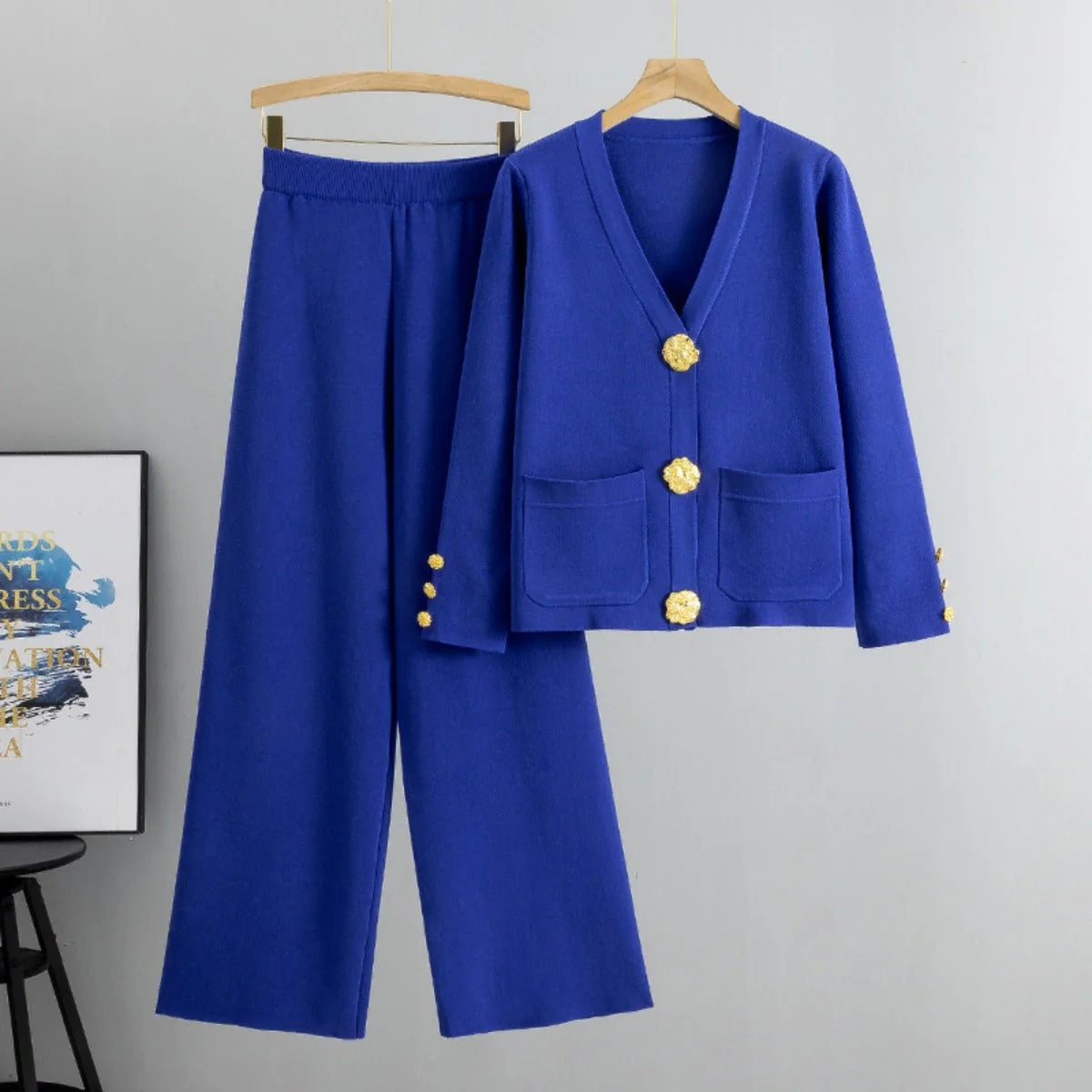 Autumn-Winter Knit V-Neck Gold Button Cardigan Two-Piece Set (MS089) - Image 4
