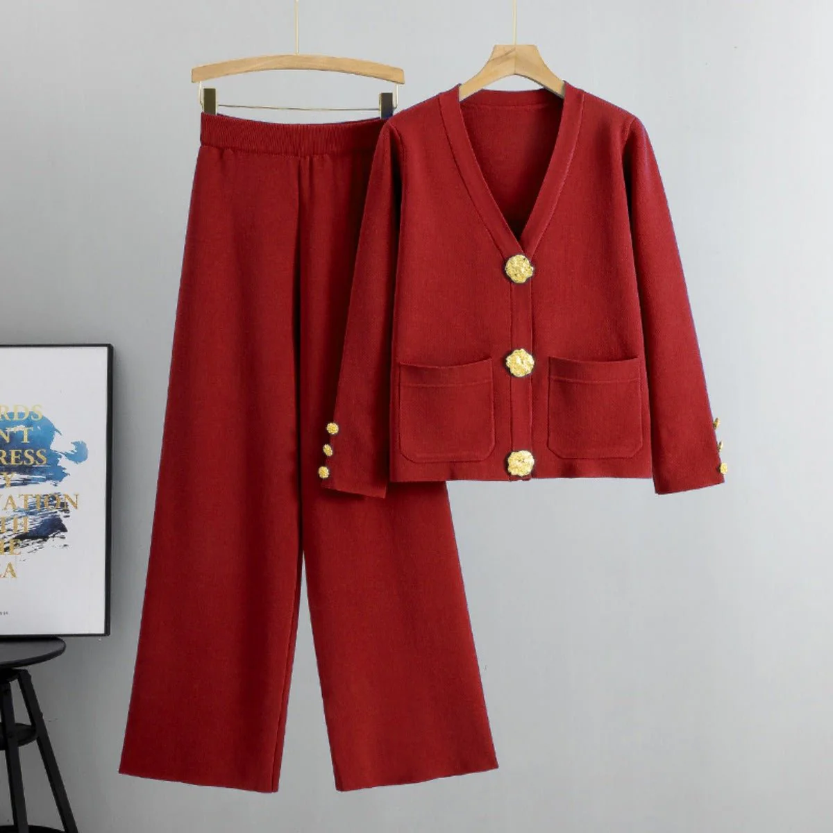 Autumn-Winter Knit V-Neck Gold Button Cardigan Two-Piece Set (MS089) - Image 5