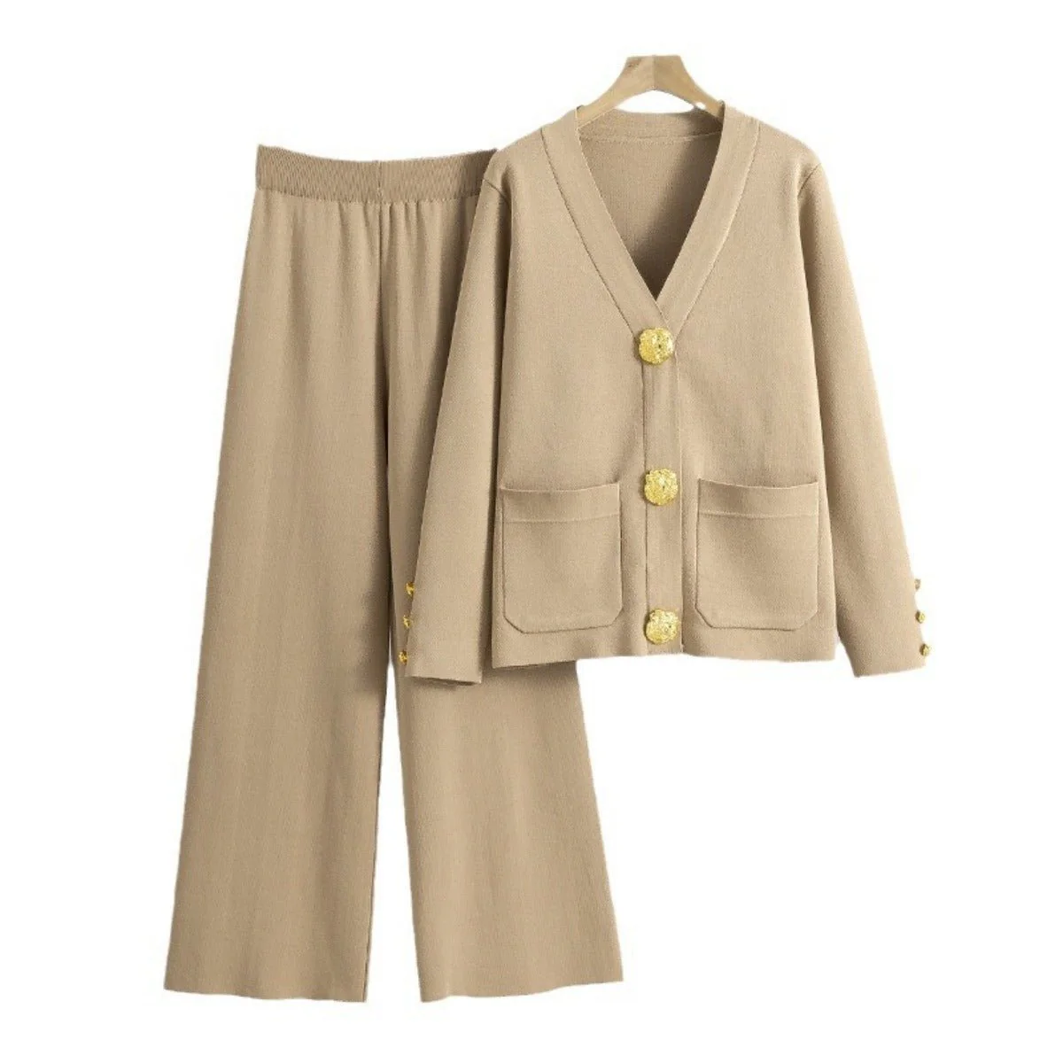 Autumn-Winter Knit V-Neck Gold Button Cardigan Two-Piece Set (MS089) - Image 6