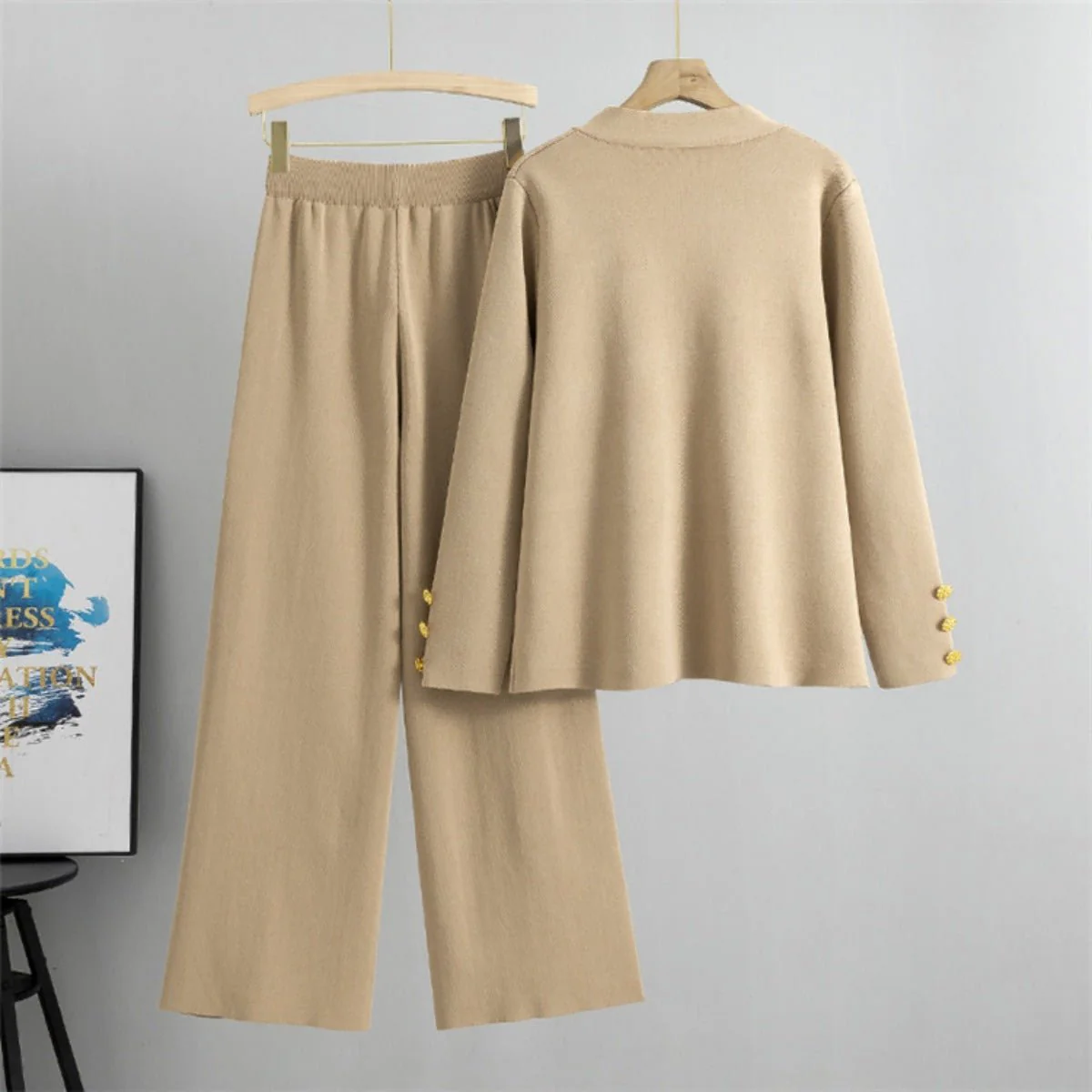 Autumn-Winter Knit V-Neck Gold Button Cardigan Two-Piece Set (MS089) - Image 7