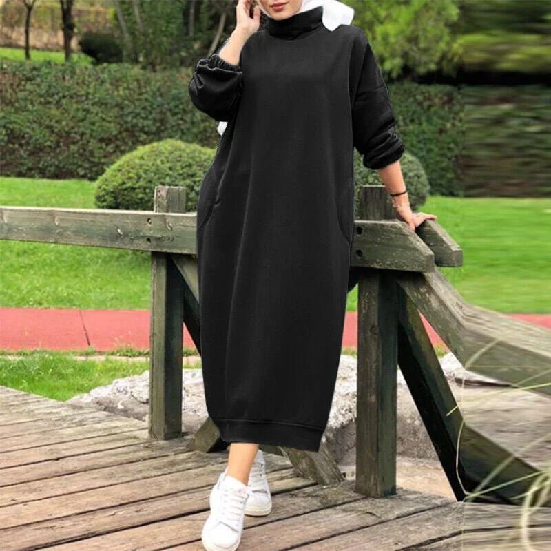 Autumn Winter  Lined Turtleneck Maxi Dress | Casual Sweatshirt Dress with Elastic Cuffs (MS138) - Image 3