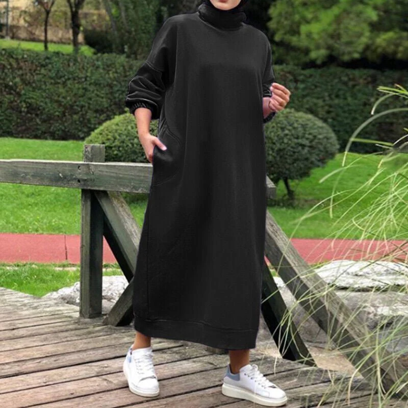 Autumn Winter  Lined Turtleneck Maxi Dress | Casual Sweatshirt Dress with Elastic Cuffs (MS138) - Image 4