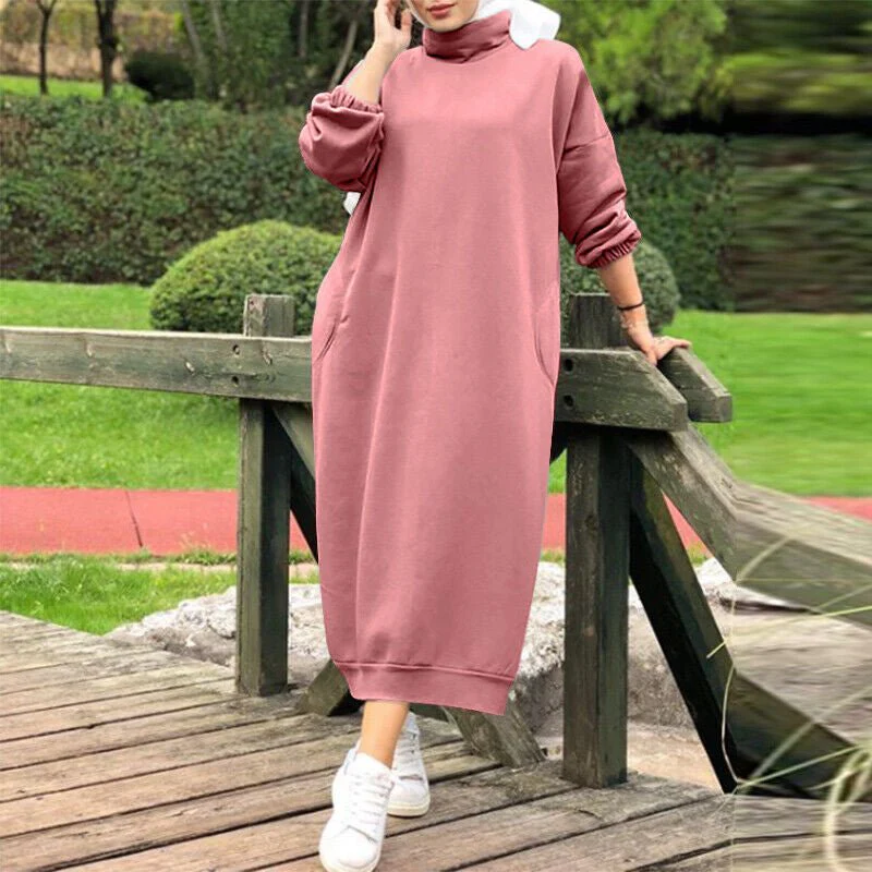 Autumn Winter  Lined Turtleneck Maxi Dress | Casual Sweatshirt Dress with Elastic Cuffs (MS138) - Image 5