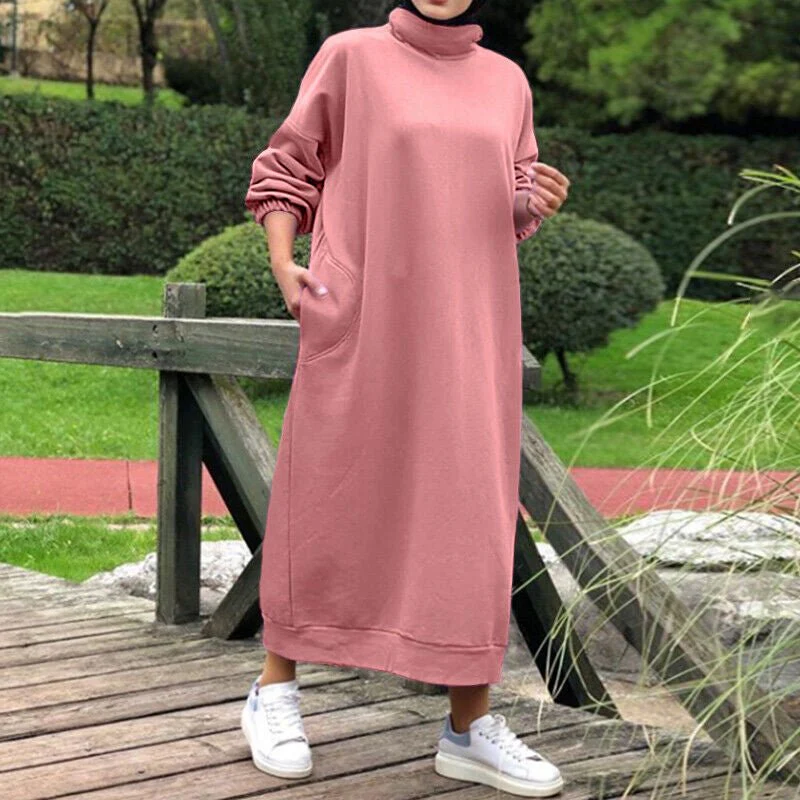 Autumn Winter  Lined Turtleneck Maxi Dress | Casual Sweatshirt Dress with Elastic Cuffs (MS138) - Image 6