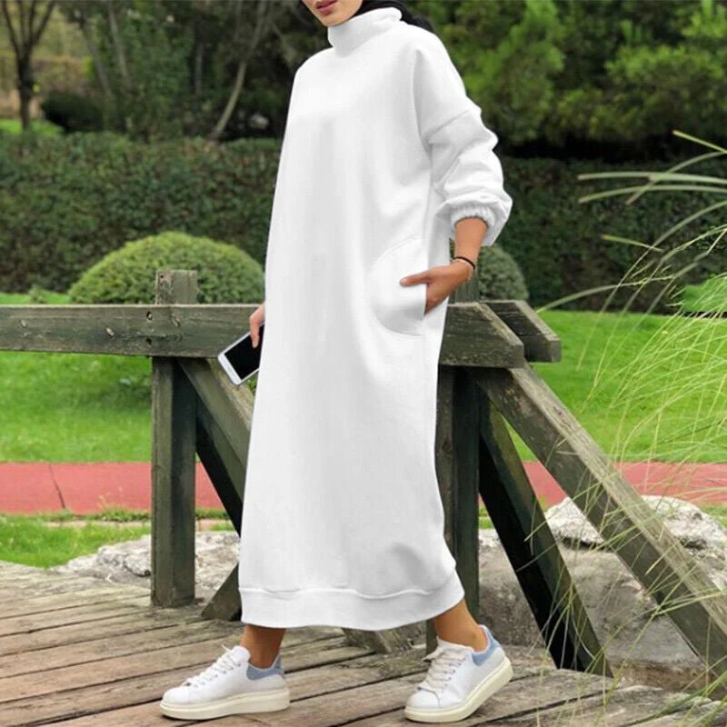 Autumn Winter  Lined Turtleneck Maxi Dress | Casual Sweatshirt Dress with Elastic Cuffs (MS138) - Image 8
