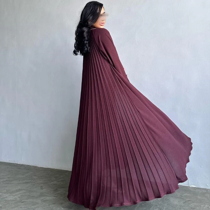 Autumn & Winter Long Dress with Open Front | Solid Color Pleated Abaya Cardigan (MOA218) - Image 13