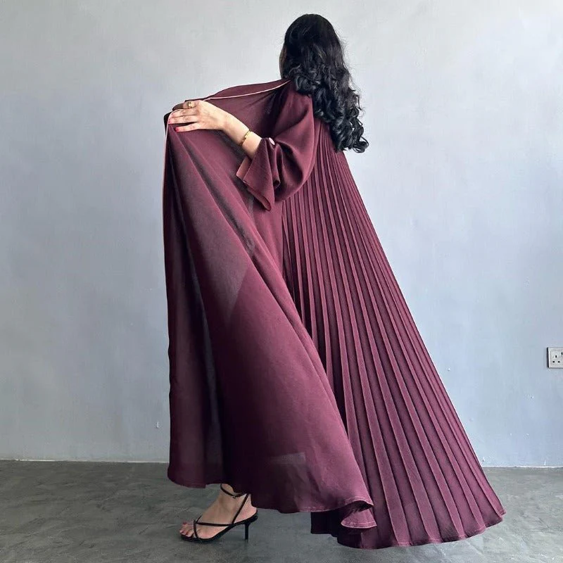 Autumn & Winter Long Dress with Open Front | Solid Color Pleated Abaya Cardigan (MOA218) - Image 14