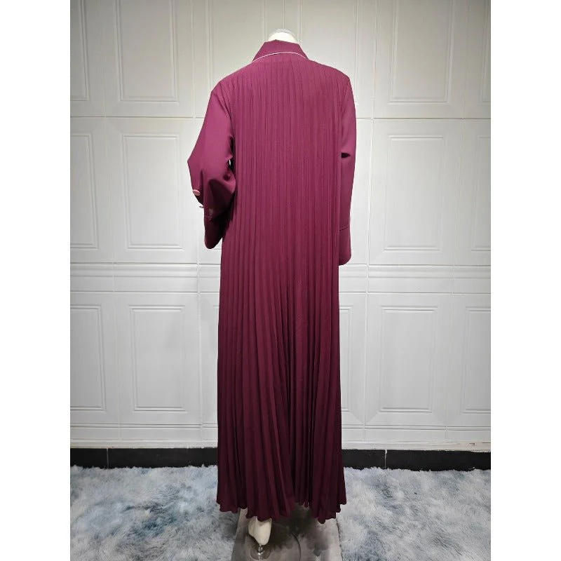 Autumn & Winter Long Dress with Open Front | Solid Color Pleated Abaya Cardigan (MOA218) - Image 16
