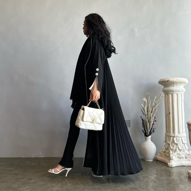Autumn & Winter Long Dress with Open Front | Solid Color Pleated Abaya Cardigan (MOA218) - Image 23