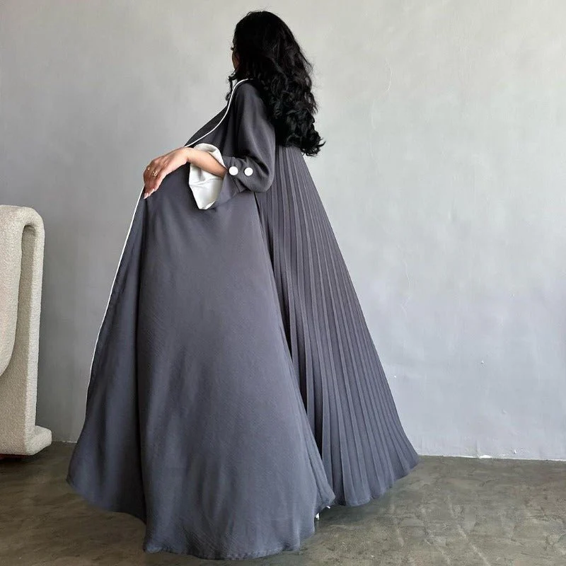 Autumn & Winter Long Dress with Open Front | Solid Color Pleated Abaya Cardigan (MOA218) - Image 28