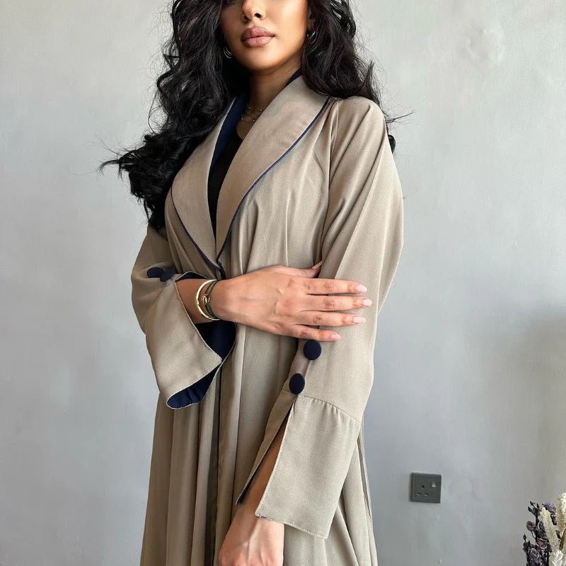 Autumn & Winter Long Dress with Open Front | Solid Color Pleated Abaya Cardigan (MOA218) - Image 3