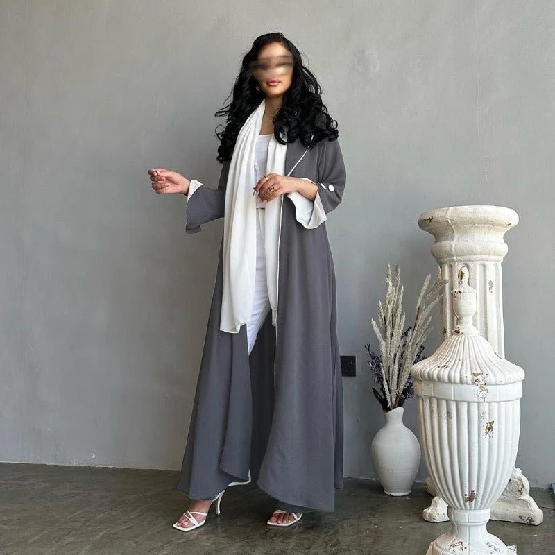 Autumn & Winter Long Dress with Open Front | Solid Color Pleated Abaya Cardigan (MOA218) - Image 30