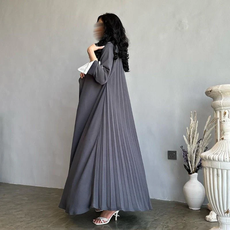 Autumn & Winter Long Dress with Open Front | Solid Color Pleated Abaya Cardigan (MOA218) - Image 31
