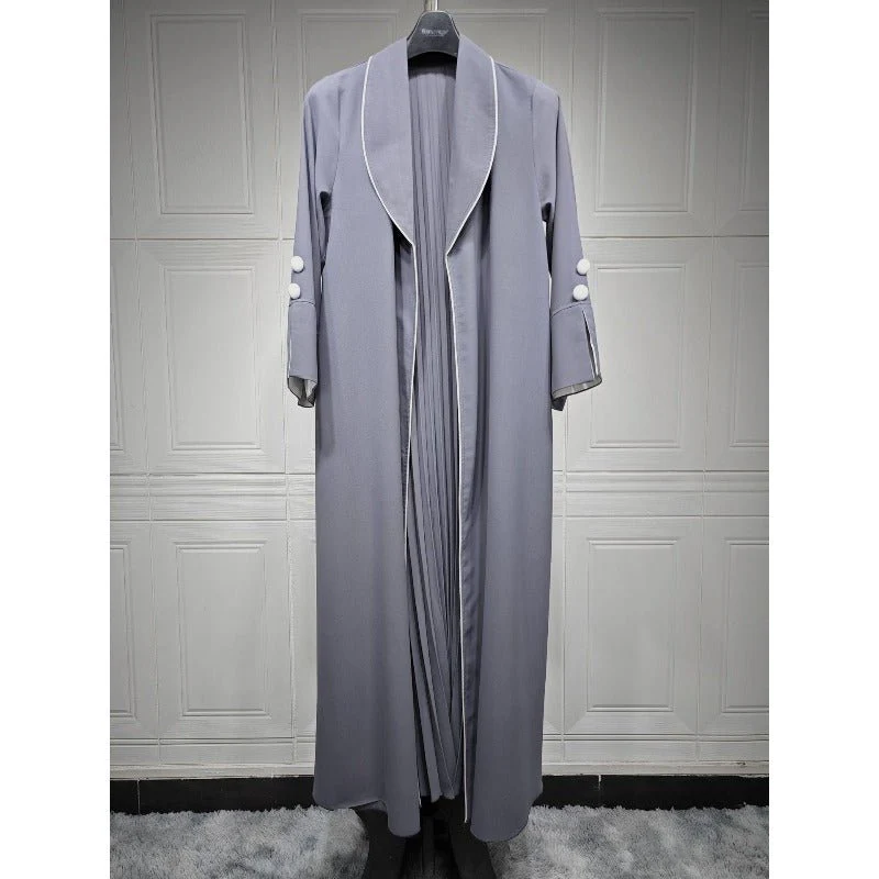 Autumn & Winter Long Dress with Open Front | Solid Color Pleated Abaya Cardigan (MOA218) - Image 34
