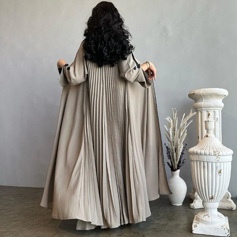 Autumn & Winter Long Dress with Open Front | Solid Color Pleated Abaya Cardigan (MOA218) - Image 4