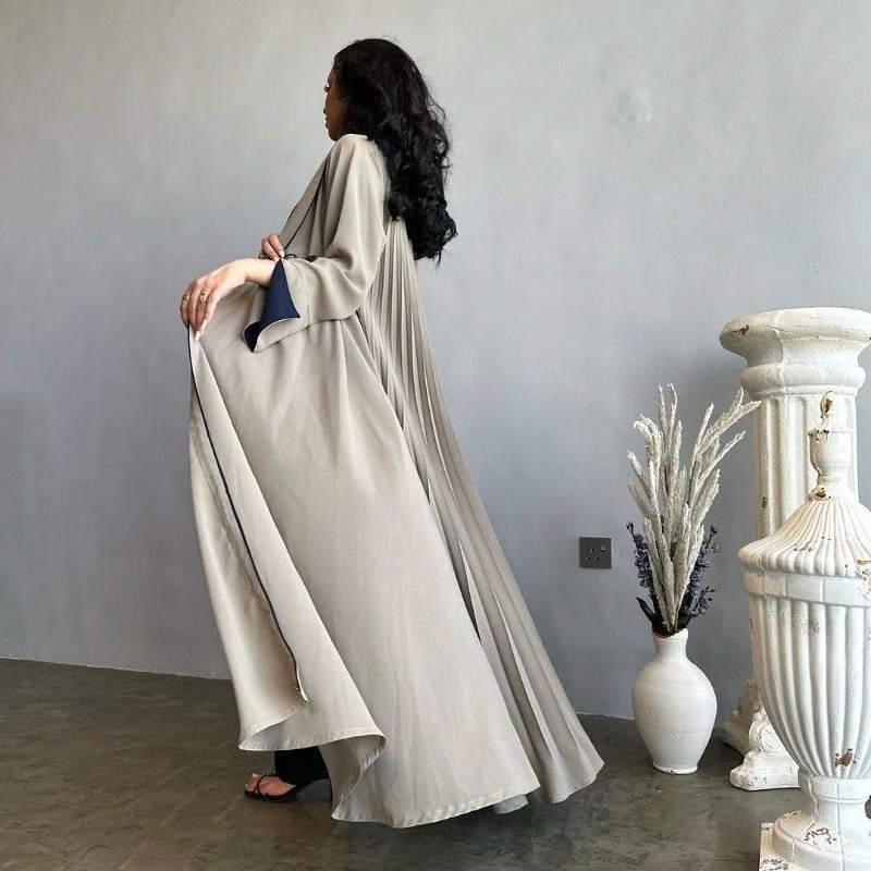 Autumn & Winter Long Dress with Open Front | Solid Color Pleated Abaya Cardigan (MOA218) - Image 6