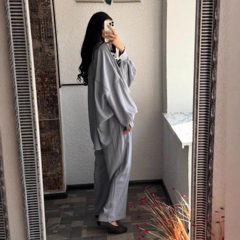 Autumn Winter Loose Fit Two-Piece Set | Stand Collar Shirt & Wide Leg Pants(MS128) - Image 2