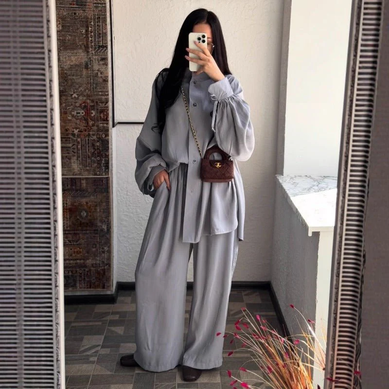 Autumn Winter Loose Fit Two-Piece Set | Stand Collar Shirt & Wide Leg Pants(MS128) - Image 4