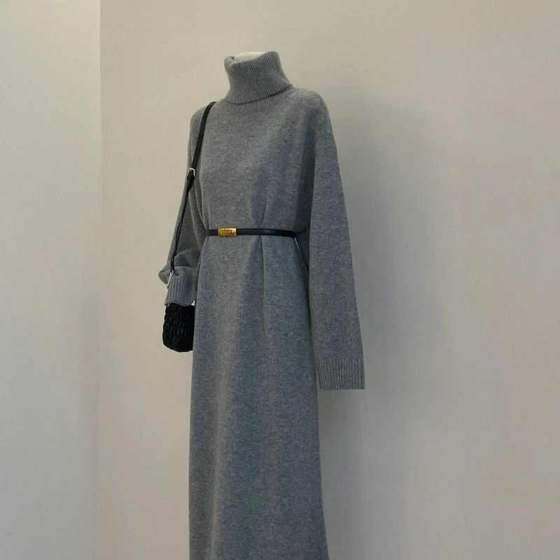 Autumn Winter Turtleneck Knit Maxi Dress | Elegant Lazy Style Grey Long Sleeve Sweater Dress(MS131)