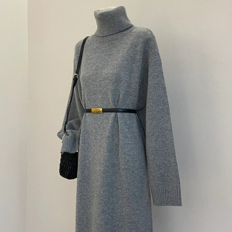 Autumn Winter Turtleneck Knit Maxi Dress | Elegant Lazy Style Grey Long Sleeve Sweater Dress(MS131) - Image 2