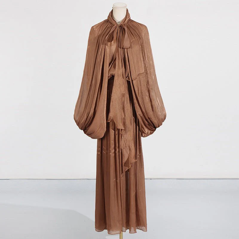 Balloon Sleeve Tie-Neck Maxi Dress(MS303) - Image 3
