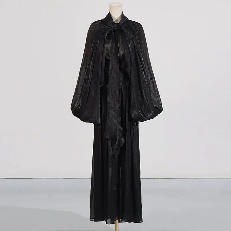 Balloon Sleeve Tie-Neck Maxi Dress(MS303) - Image 4