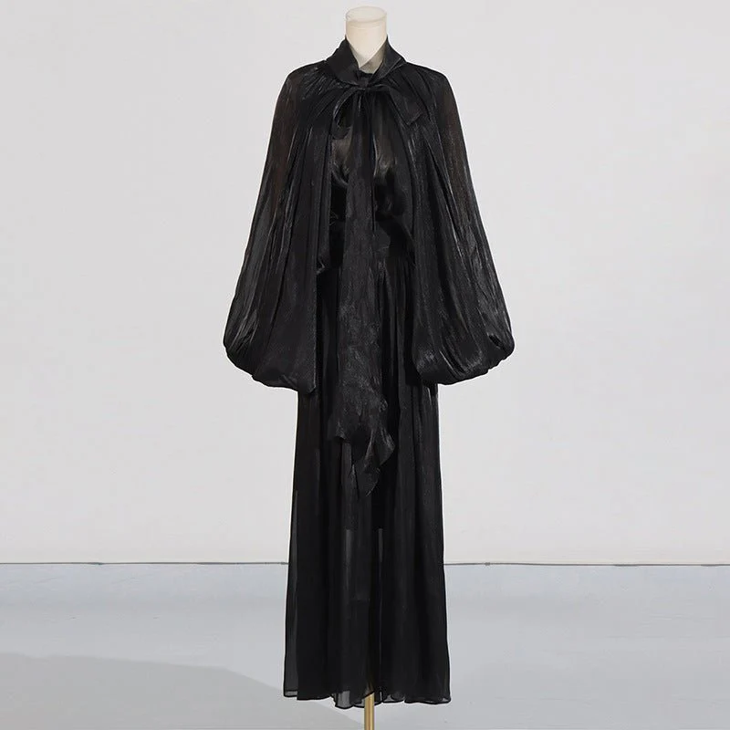Balloon Sleeve Tie-Neck Maxi Dress(MS303) - Image 5